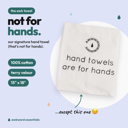 Awk Towel, a 100% cotton terry velour hand towel, 15 by 18 inches