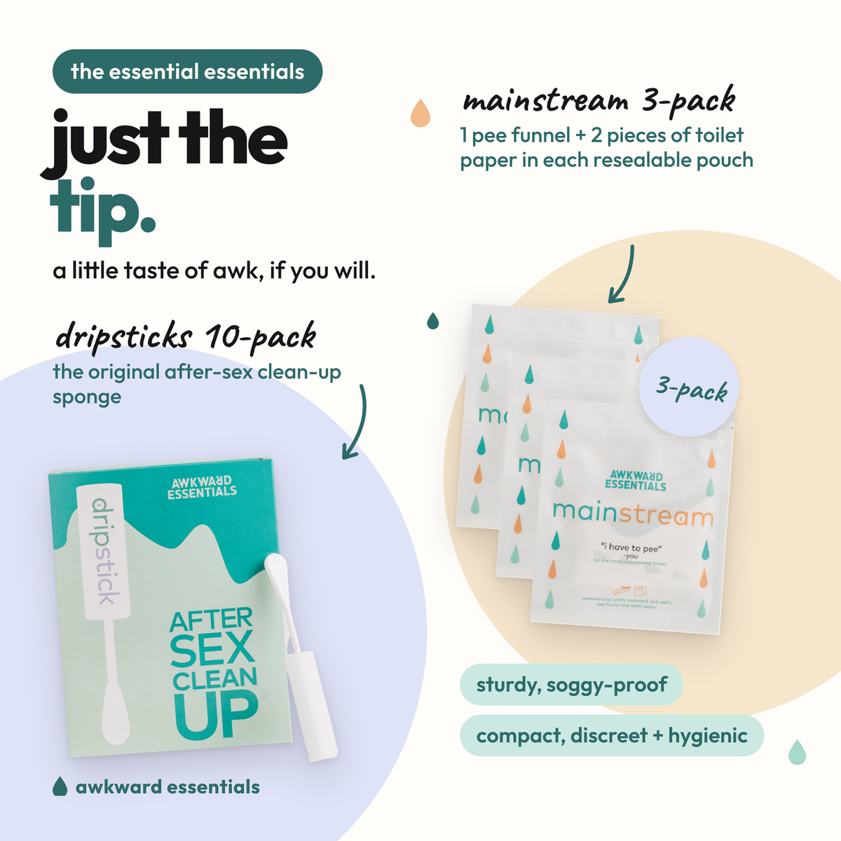 The Essential Essentials bundle: Dripsticks 10-pack and Mainstream pee funnel 3-pack