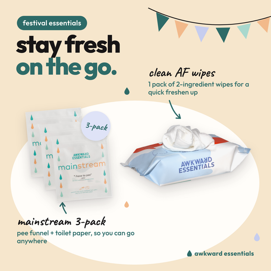 Festival Essentials: Mainstream pee funnel 3-pack and one pack of Clean AF Wipes